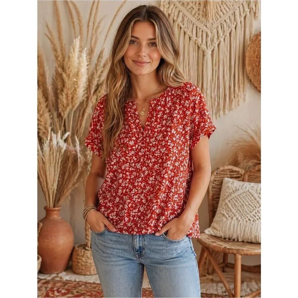 SHEIN Orange Blouse with Cuffed Sleeves and Mandarin Collar